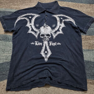 Affliction Skull Wing Graphic Polo Shirt Men’s Medium Distressed Y2K Made In USA